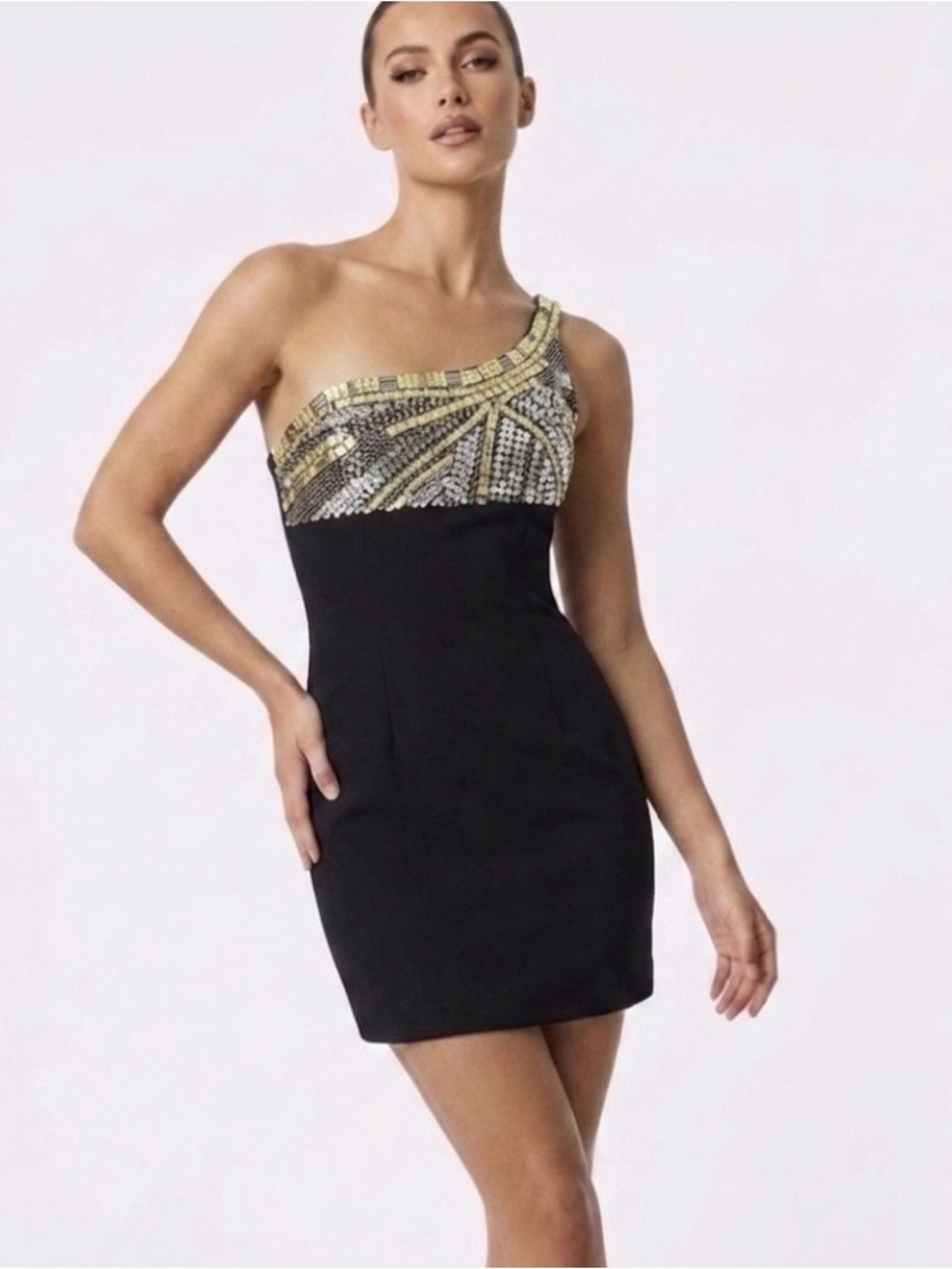 Dave & Johnny Black Gold Sequin One Shoulder Bodycon Mini Dress 5/6 (jrs) Party